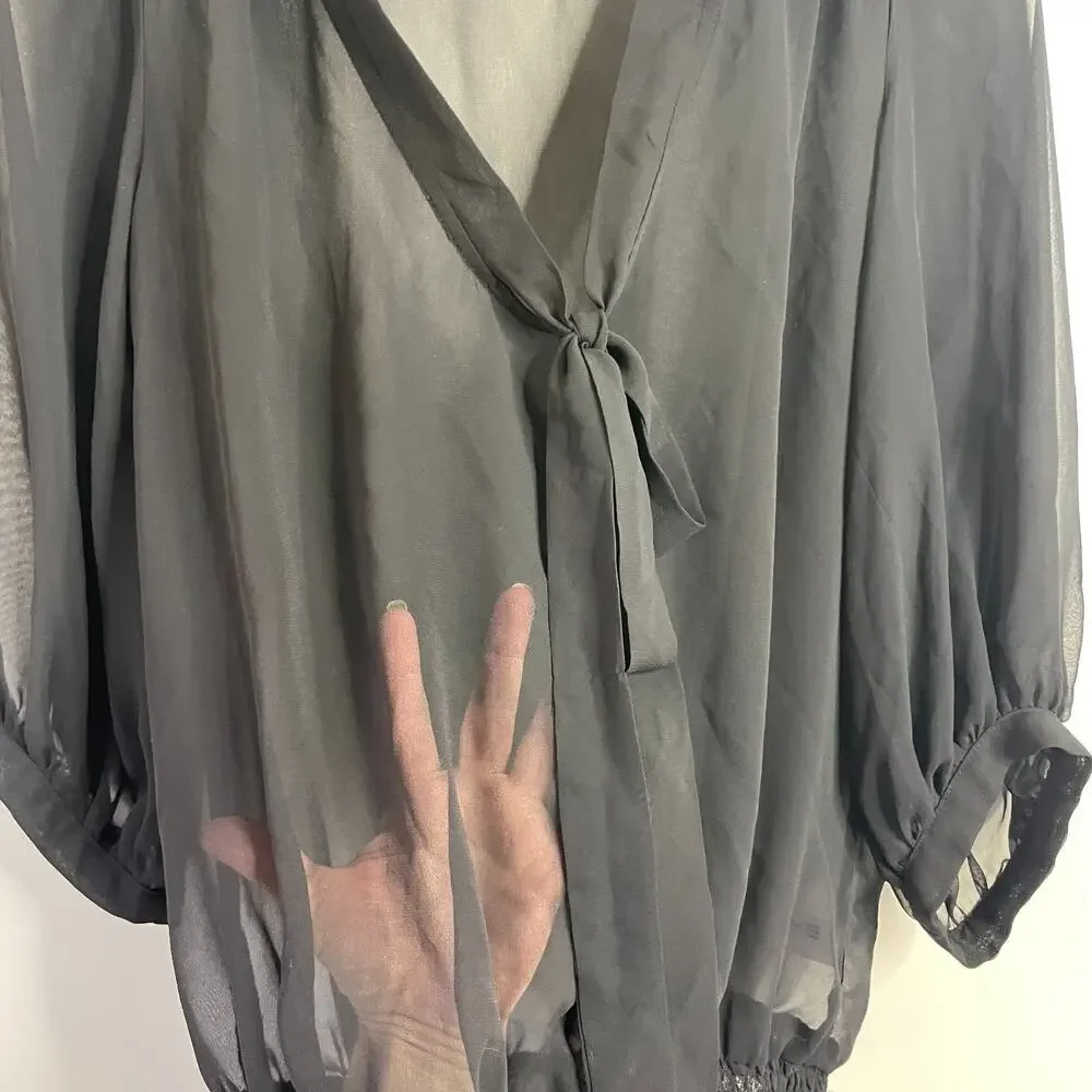 Sheer Black Bow Tie Blouse Top Medium‎ Minimalist Romantic Capsule Parisian